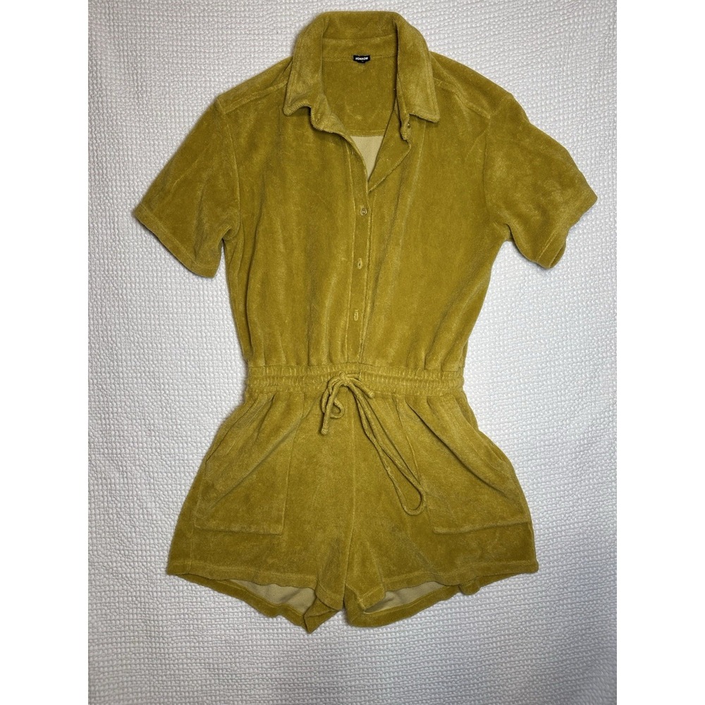 Monrow Terry Cloth Romper Mustard Yellow Collared Drawstring Size S Revolve